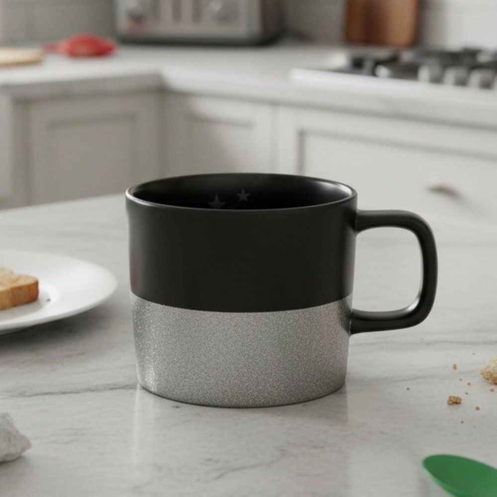 STARBUCKS Mug 2018 Matte Black Silver Glitter and Stars Ceramic Coffee Mug 12oz